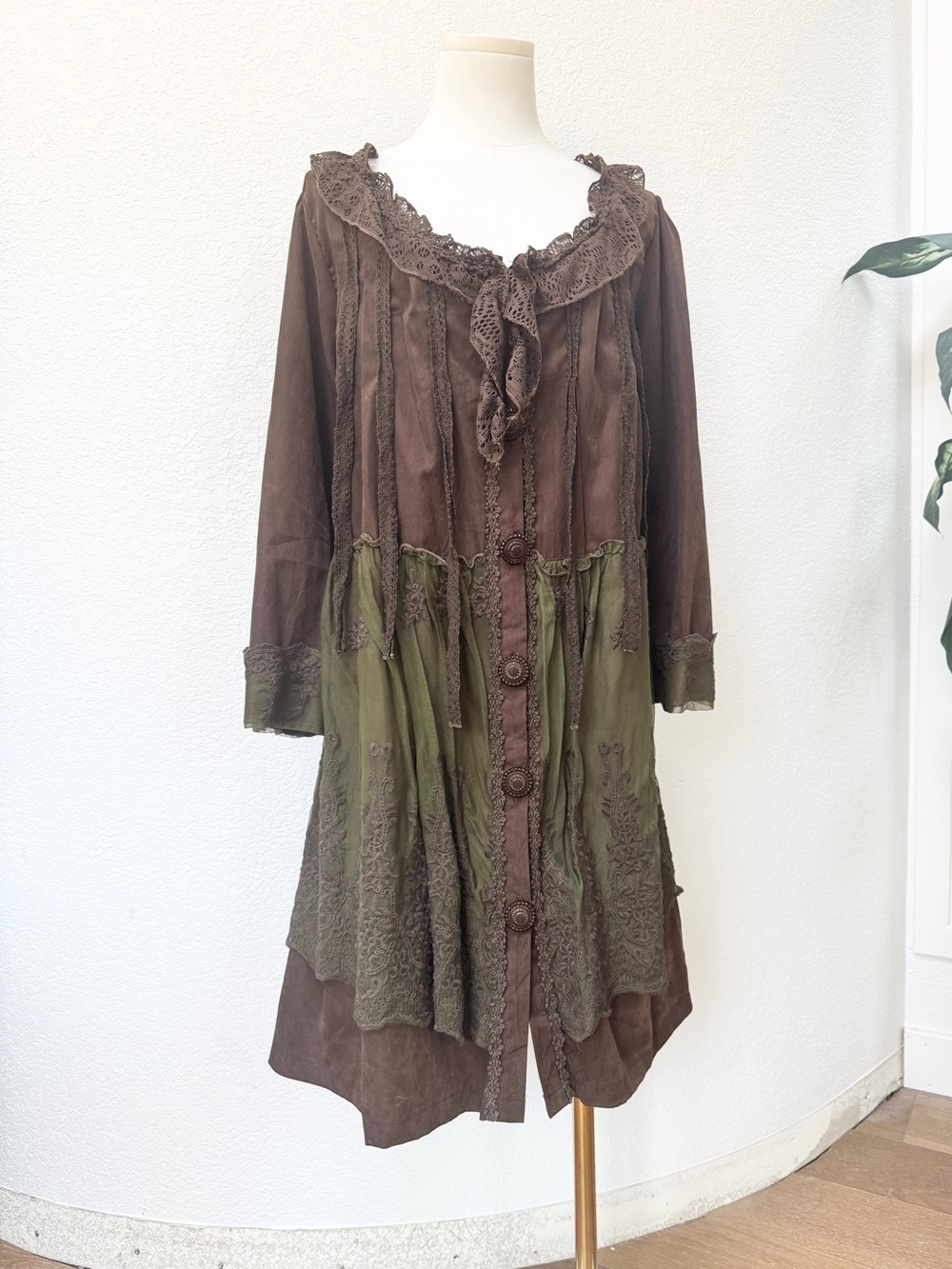 NWT Pretty Angel Fairy 🧚🏻 Olive Green Brown Layered Lace Tunic Mini Dress XL - Picture 2 of 6